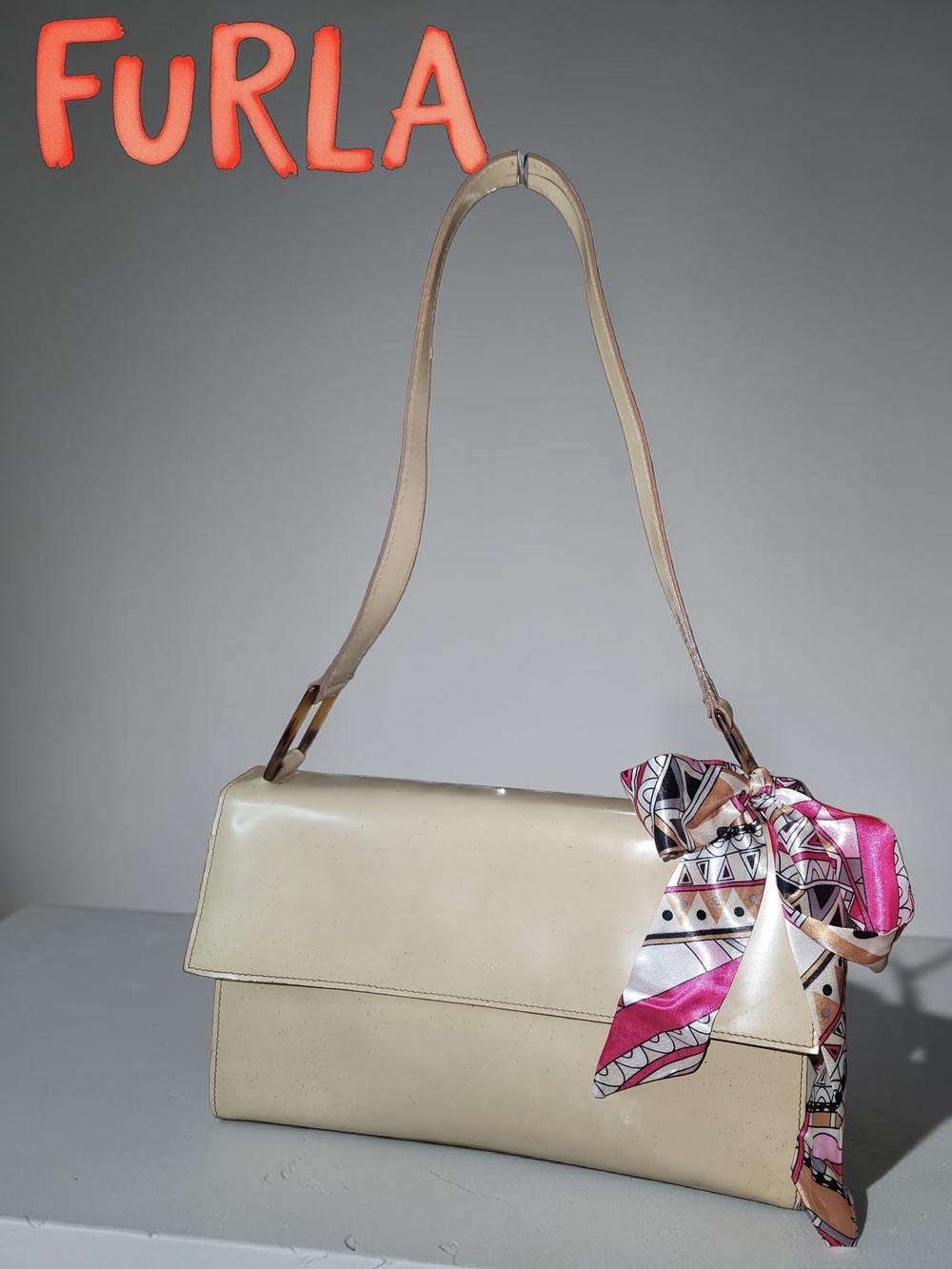 Furla Cream Leather Shoulder Bag with Decorative Scarf
